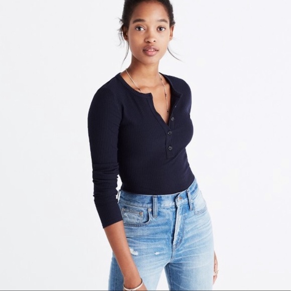 Madewell Tops - MADEWELL Long Sleeve Ribbed Henley Bodysuit Navy